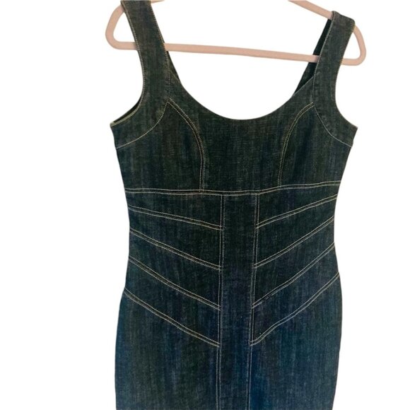 Dance In Paris Denim Fitted Mini Dress  Dark Wash Stretchy  Body Con Stitching - Picture 2 of 10
